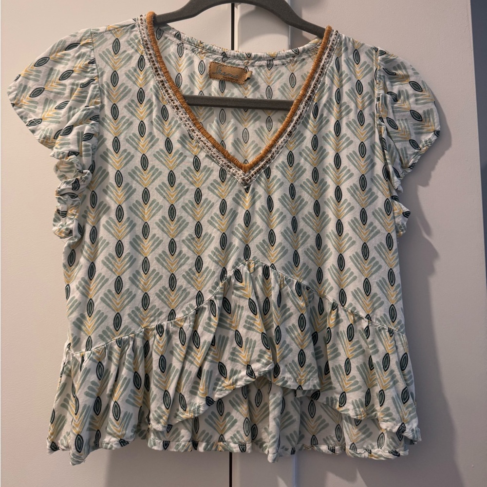 Skemo Blue and Cream Patterned Ruffle Blouse